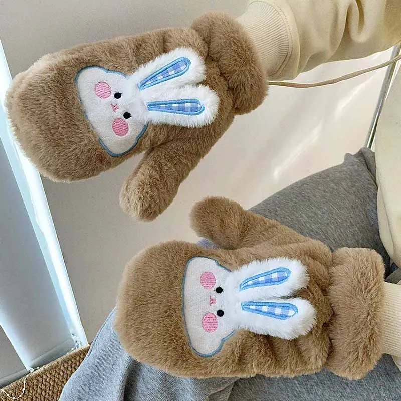 

Cute Rabbit Embroidery Gloves Plush Thickened Winter Keep Warm Outdoor Ride Cold Windproof Mittens Hanging Neck Christmas Gift