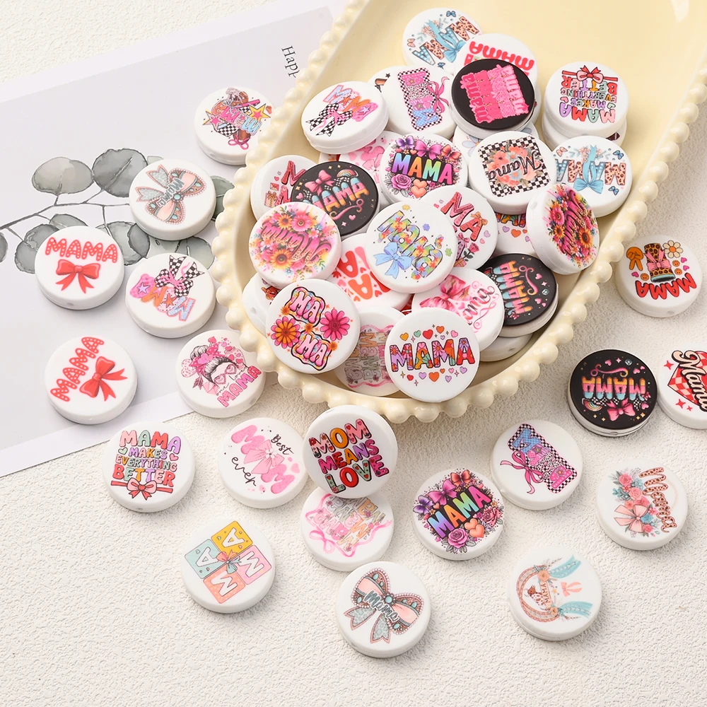

5/10/20Pcs 28mm Mother's Day Theme Flat Round Beads Colorful Loose Beads For DIY Pacifiers Clip Jewelry Making Accessories