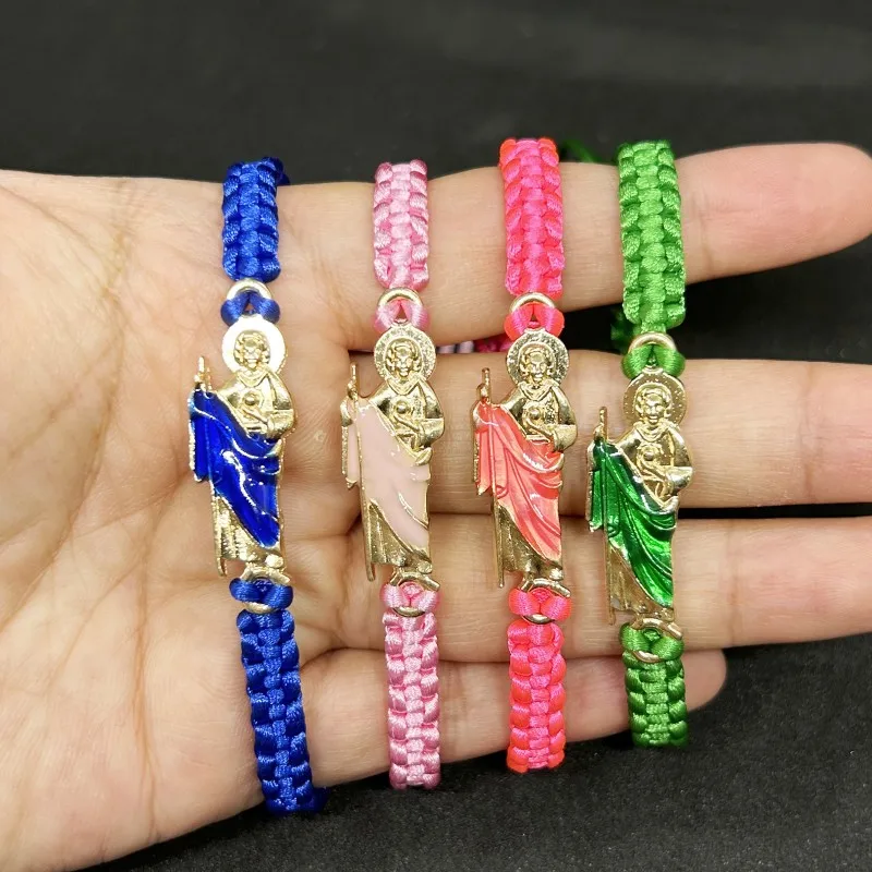 1PC Green Saint Jude Charm Bracelet Handmade Woven Rope Braided San Judas Pulsera for Women Men