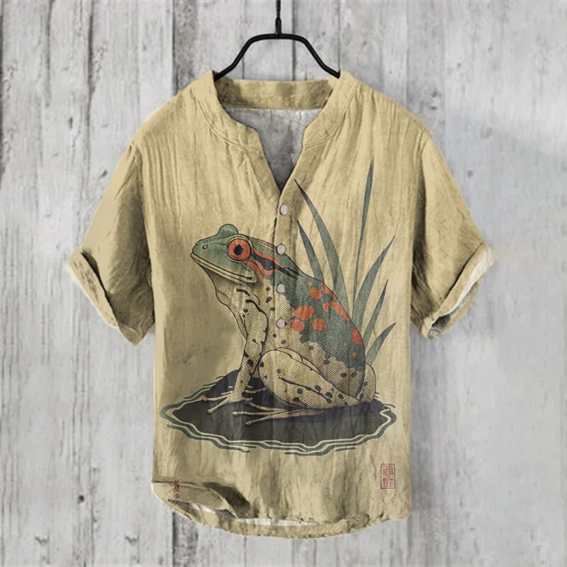 2024 New Hawaii Short sleeved Shirt 3D Printed Linen Casual Loose Hoodie Button Men's Shirt