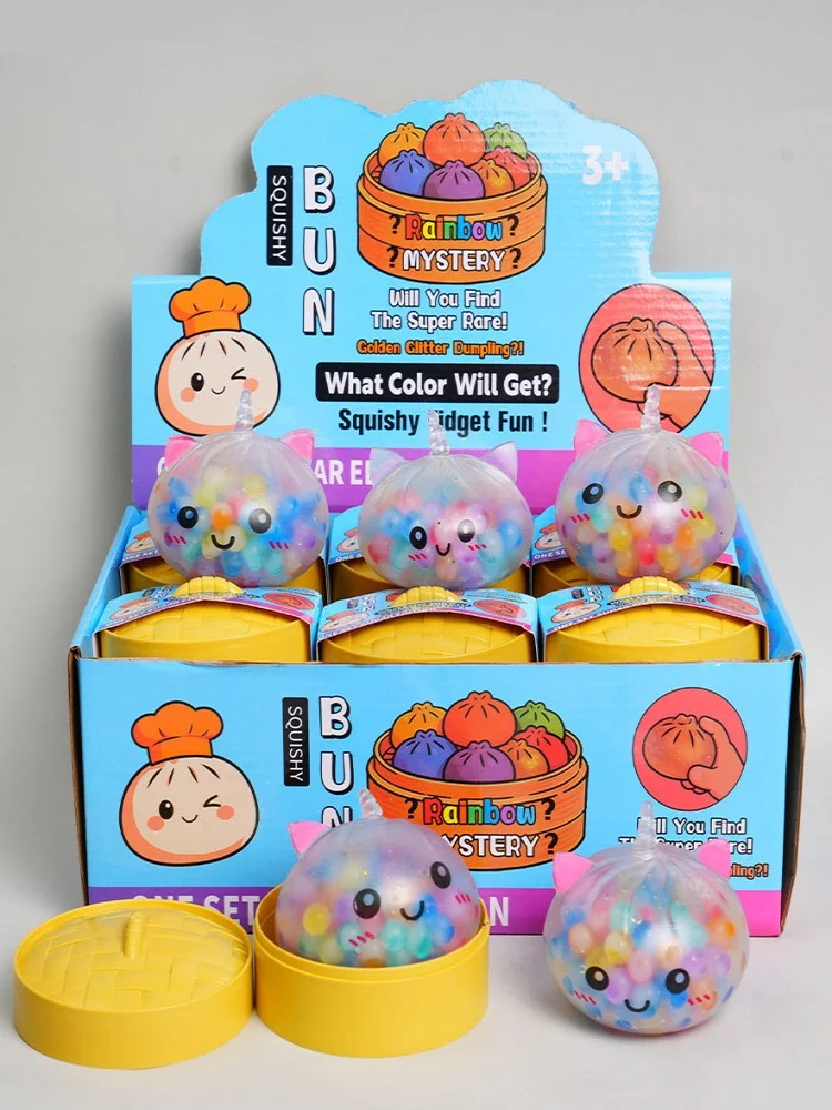 Regenbogen-Einhorn Dumpling Squishy mit Dampfgarer-Box, Transparente Perlen-Serie, Quetschspielzeug zur Stresslinderung und Angstabbau, Geschenk