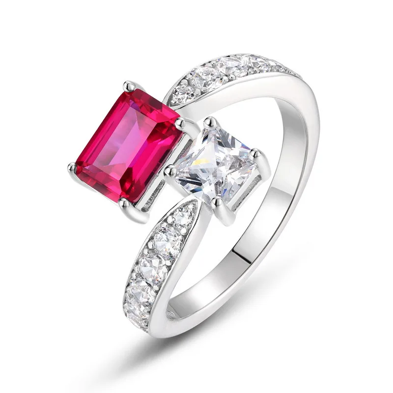 New 925 Sterling Silver Open Ring with Emerald Cut Ruby and Green Emerald Double Gemstone Accents Ideal Anniversary Gift Jewelry