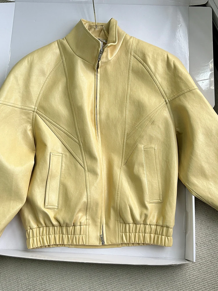 Lautaro Frühling Herbst Gelbe PU-Lederjacke für Damen mit Reißverschluss, Langarm, Looe Casual Luxus Designer Amerikanische Retro-Kleidung 2026 – Detail 2