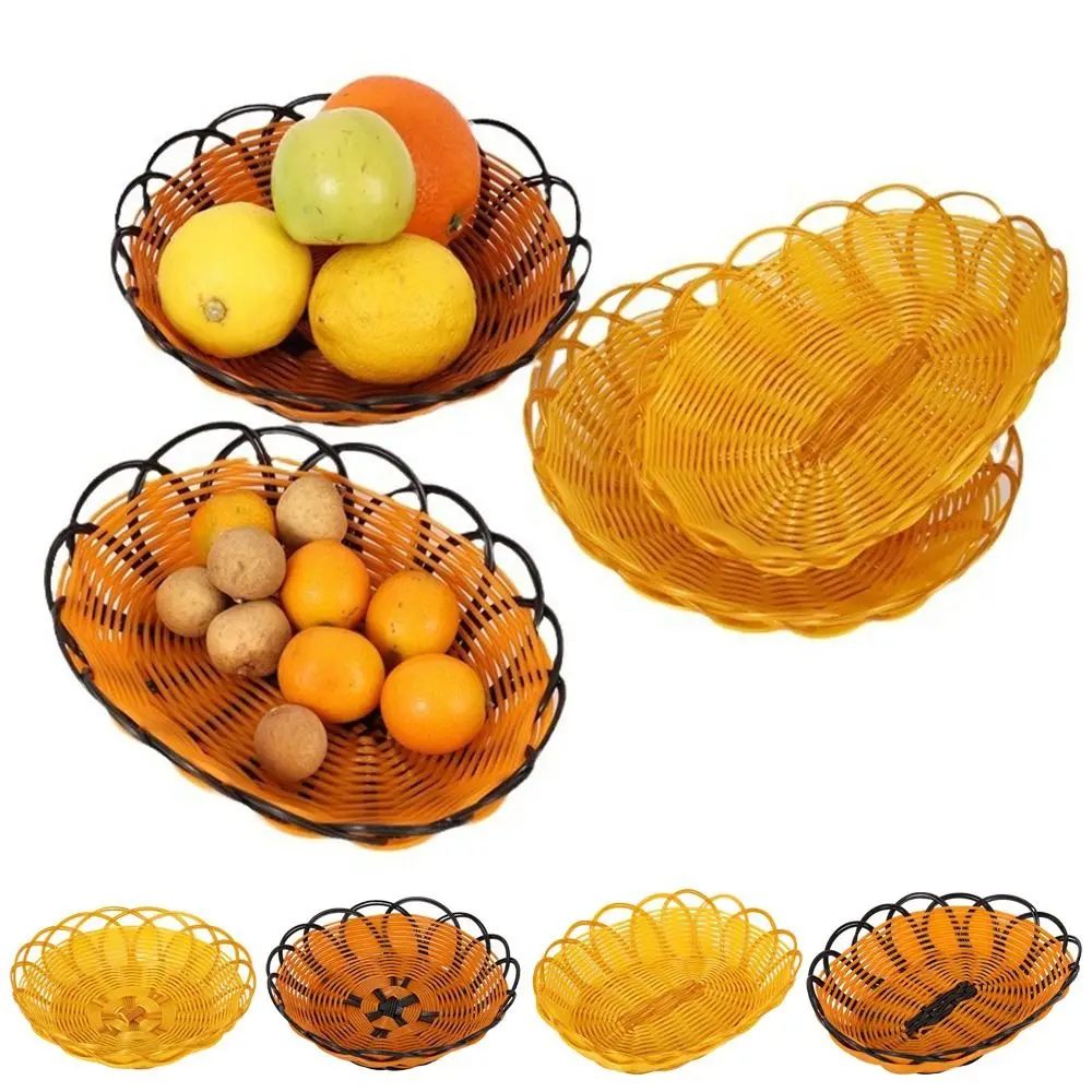 New Plastic Imitation Rattan Basket Round Woven Fruit Basket Food Storage Breakfast Cake Snack