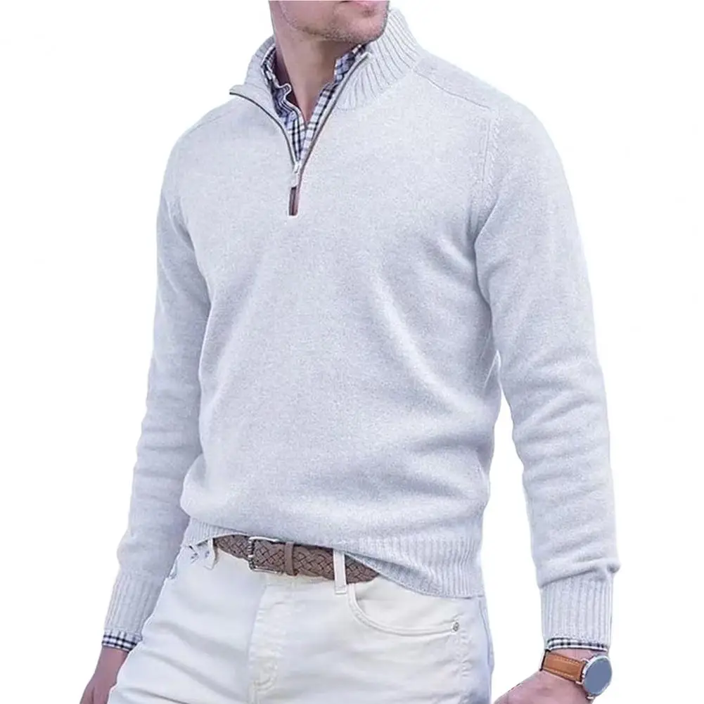 

Winter Men Sweater Zippered Half-high Collar Long Sleeves Top Knitted Pullover Stretchy Knitwear