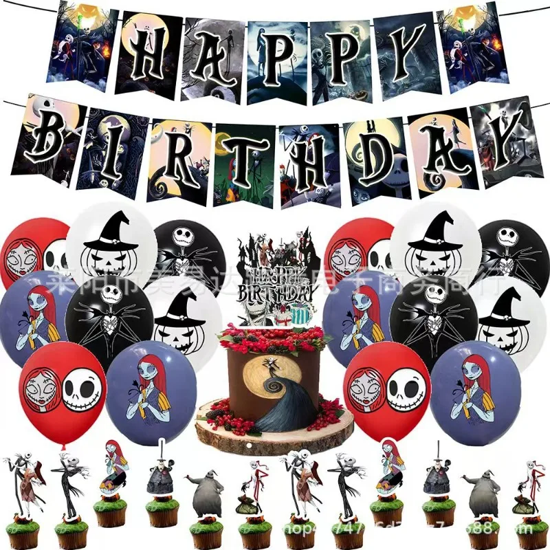 

4pcs/set The Nightmare Before Christmas Theme Birthday Party Decoration Flag Cake Plaque Balloon Spiral Pendant Party Supplies