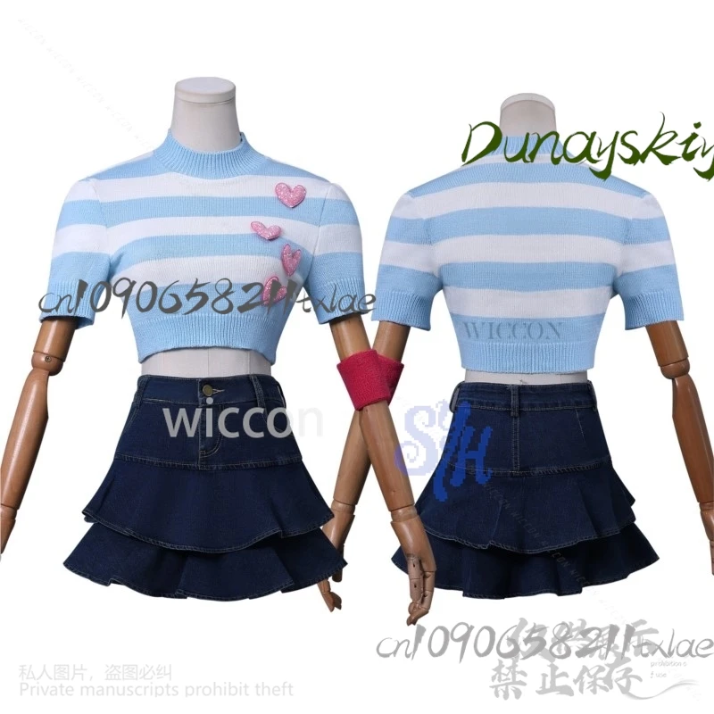 Anime Win Clubb Cosplay Bloom Costume Jirai Kei Girls Retro Striped Knitted Heart Lovely Short Sleeve T-Shirt Mini Dress Cos