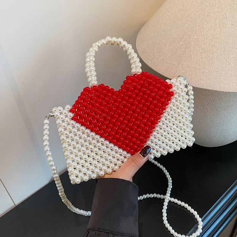 

Luxury Pearl Evening Clutch Bag Women Cute Red Heart Shape Crossbody Bag Lady Designer Party Wedding Purse Handbag Beading Bag