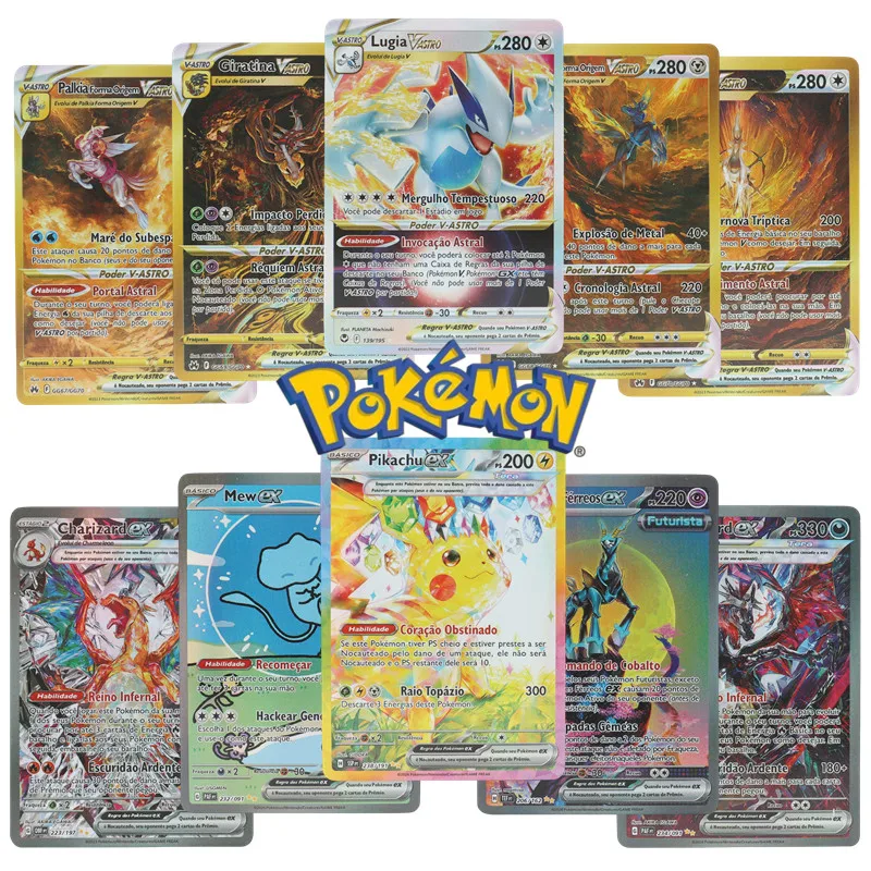 100 tarjetas holográficas de Pokémon portuguesas, edición limitada, Arceus Vstar Vmax EX, Charizard brillante, tarjetas coleccionables, juguetes para niños