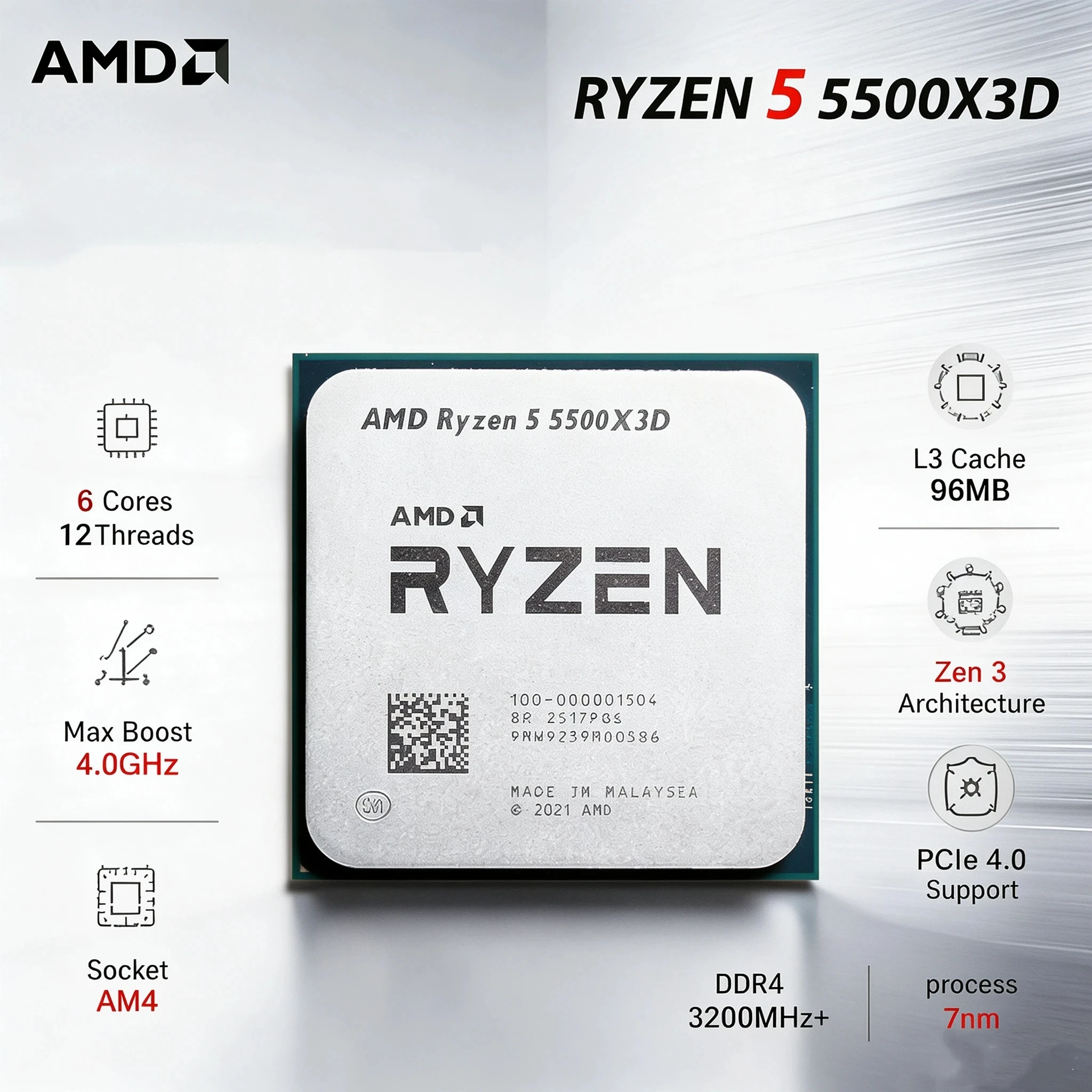 AMD Ryzen 5 5500X3D Gaming CPU 3D V-Cache 96MB L3 for 1080P 240Hz Gaming FPS 6 Core 12 Thread Socket AM4 DDR4 Processor
