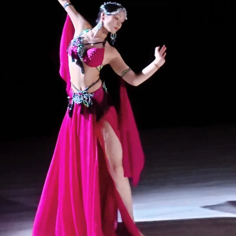 Customized Belly Dance Costumes Set Performance Dress Class Clothes Temperament Practice Dress Rose Red Tassel Performance Dress