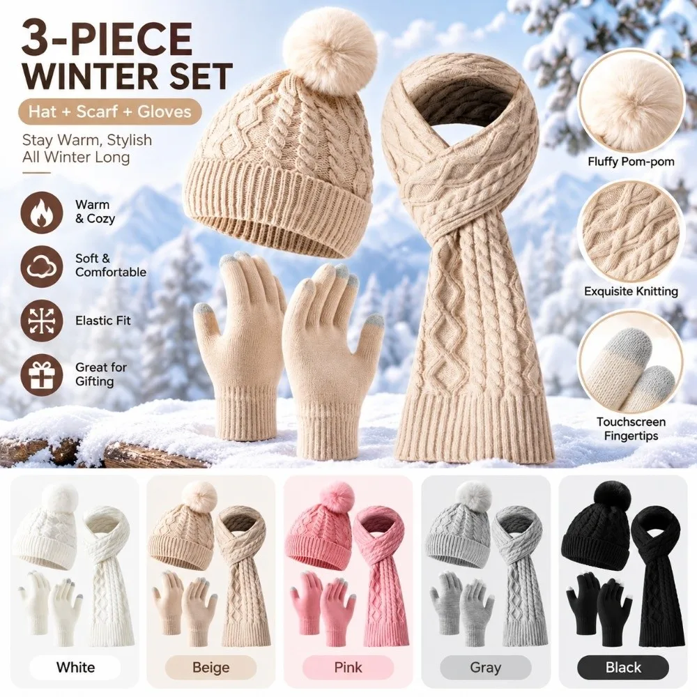 3Pcs/Set Warm Winter Hat Scarf Gloves Set Thicken Knitted Scarf Neck Warmer Suit Touchscreen Windproof Knit Beanie Snood Set