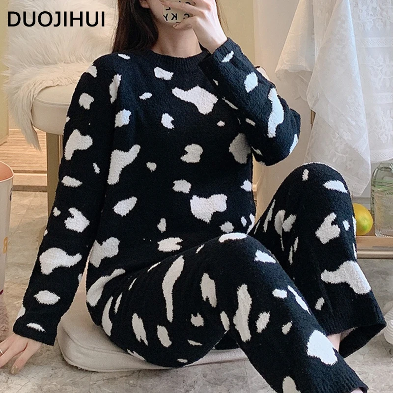 DUOJIHUI-Pyjama chaud à col rond pour femme, pull basique, pantalon simple, ensemble de pyjama femme décontracté, document de sort, mode hiver, nouveau