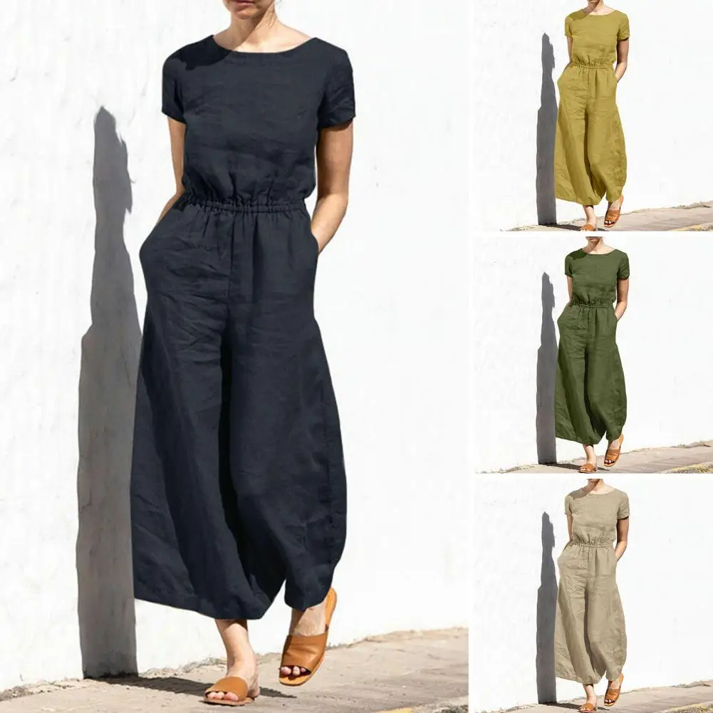 Stylish Cotton Linen Loose Jumpsuit Short Sleeves Overall Design Female Young Girl Wide Leg Jumpsuit Streetwear