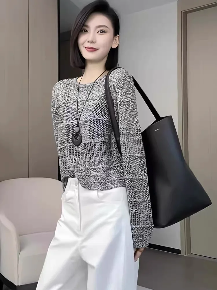 

Retro Hollow out Loose Fit round Ne Long Sve Knitted Sweater Women's Top Early Autumn Ele Agel Base Layer Sweater