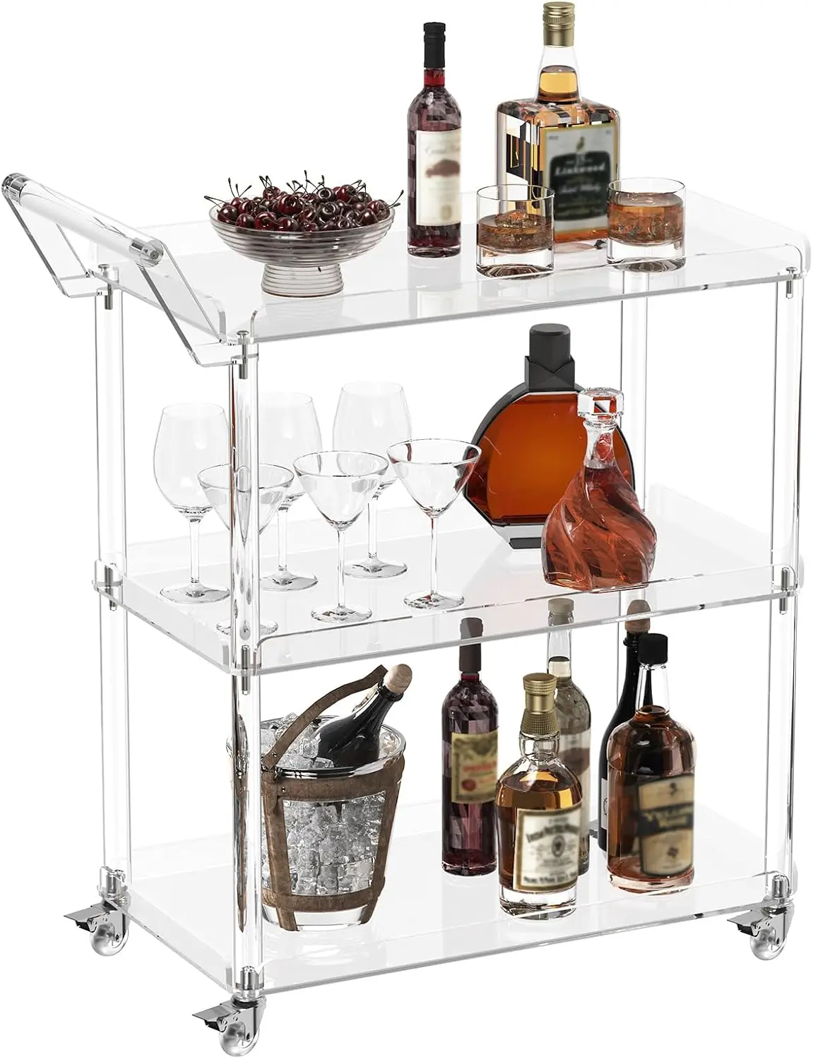 Modern Clear 3-Tier Acrylic Wheeled Serving Cart Rolling Bar Trolley 30.5×15.2×34.5 Inch Equipped with Pull Handle and 4 Lockable Casters Mobile Beverage Cart for Home Bar Kitchen Living Room Indoor Decor