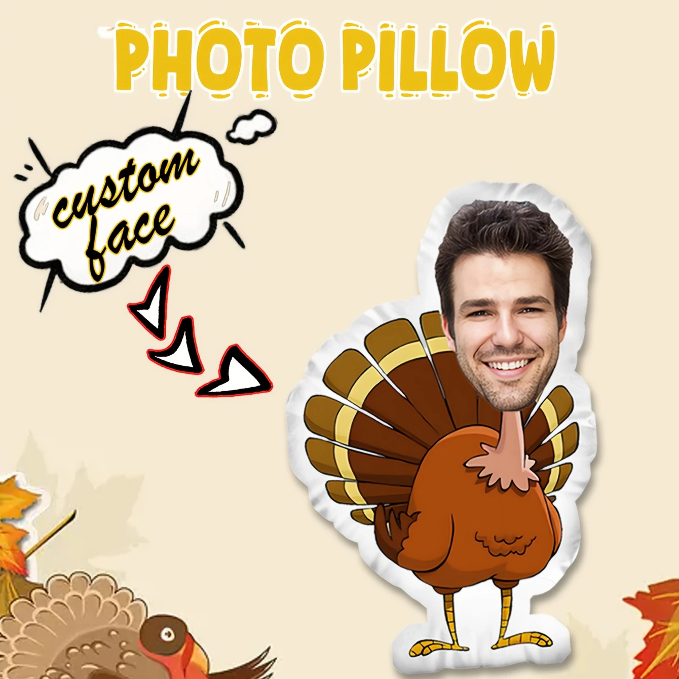 A Themed Photo Pillow, Upload a Picture, Turkey Man, Suitable for Father'S Day, Mother'S Day, Halloween, Christmas, Christmas Ev