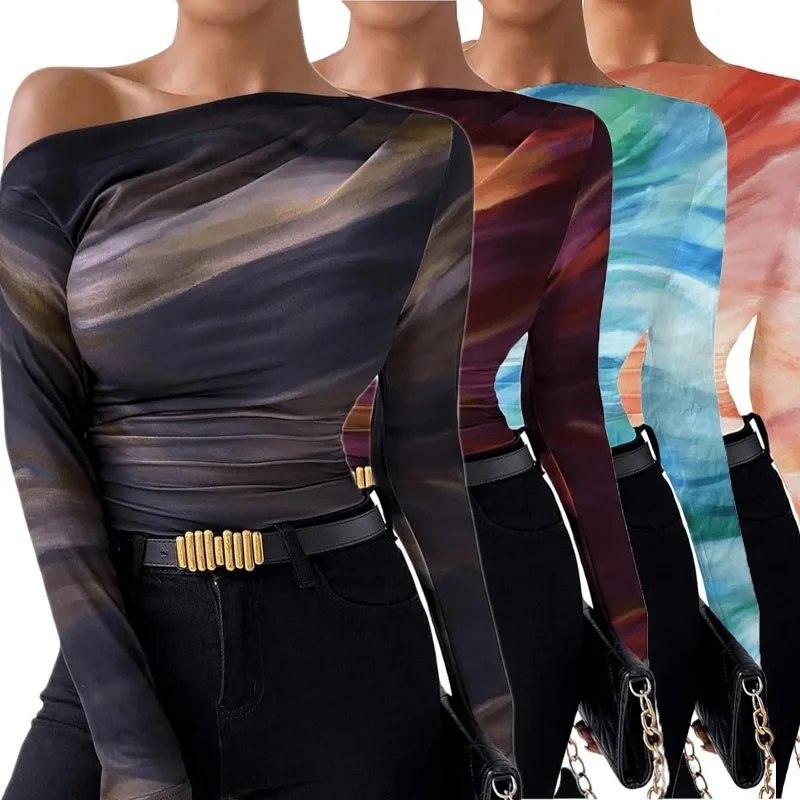 

Elegant Casual Woman Tie-dye One Shoulder Long Sleeve T-shirt Spring Autumn Slim Fit Elegant Sexy Tshirt Streetwear Y2K tops