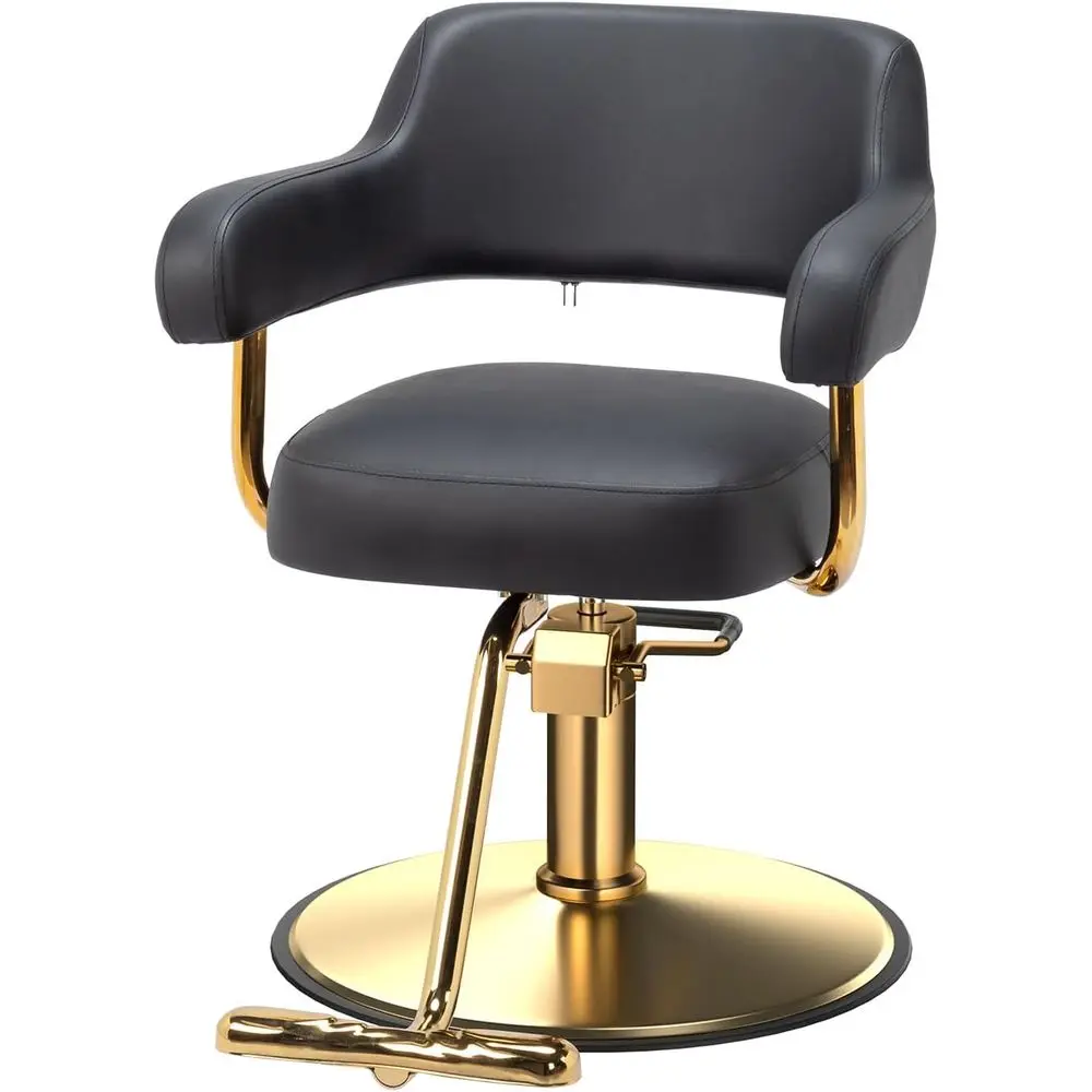 

Luxury Black and Gold Barber Chair with Hydraulic Pump, 360° Swivel and Footrest for Salon and Home Spa Hair Styling