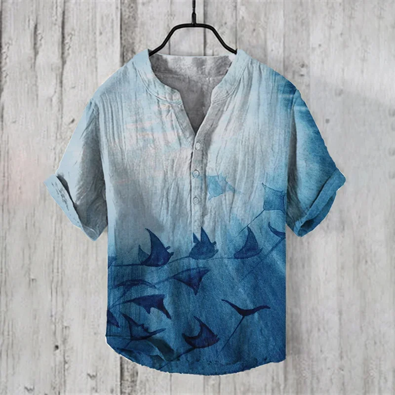 Hawaiian shirt, traditional Chinese painting bamboo series, 3D digital printing, men's ethnic style, 3-piece buckle V-neck