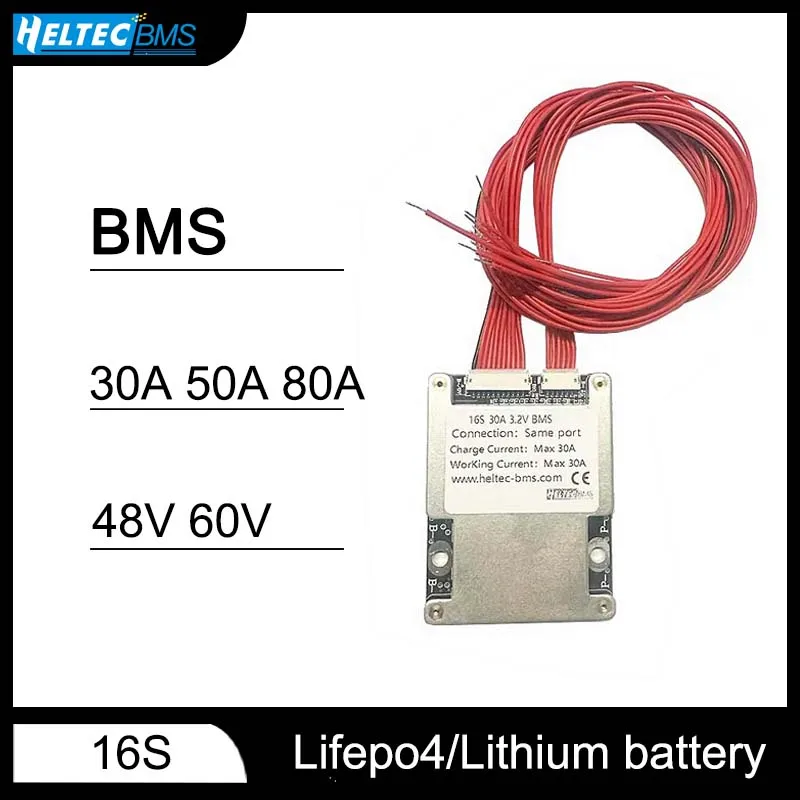 HeltecBMS-batería lifepo4 de 16s, 48v, 30A, 50A, 80A, Lipo de litio/Lifepo4, bms, 48v, 13S, 60V, Sistema de Gestión de baterías