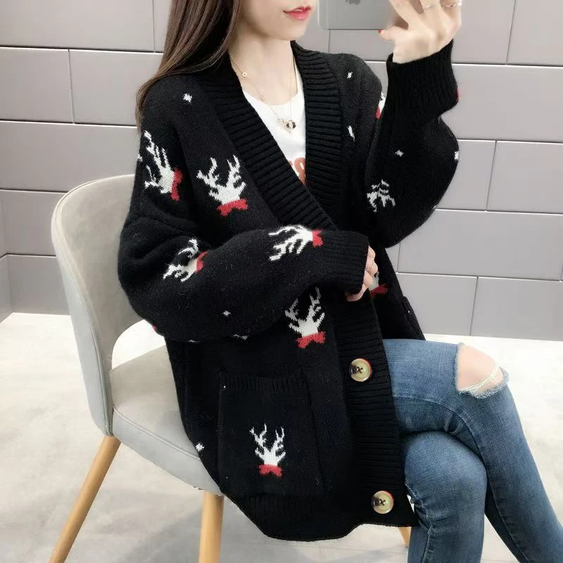 Christmas Deer Knitted Coat Femal Loose Cardigan For Women Long Sleeve Top New Casual Chic Office Lady\'s Sweater Single Breasted