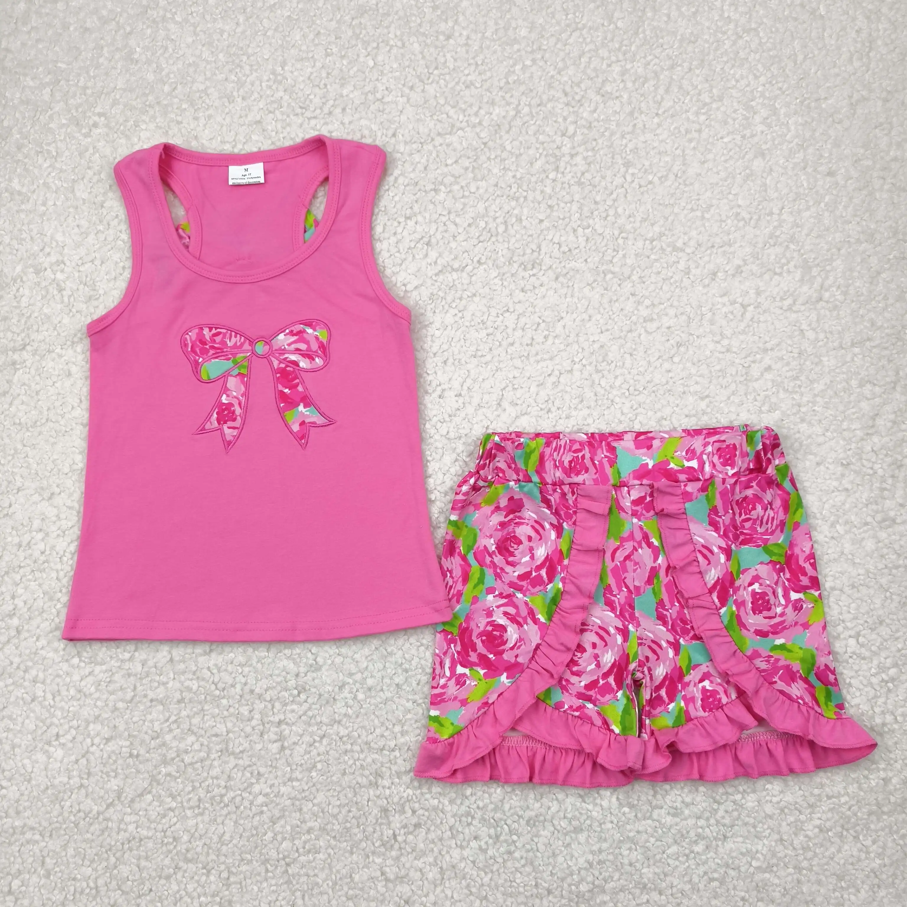 

RTS Baby girls fashion design Embroidery Baby Girls Flower Bow Vest Top Ruffle Shorts boutique clothing set 2pcs kid clothes set