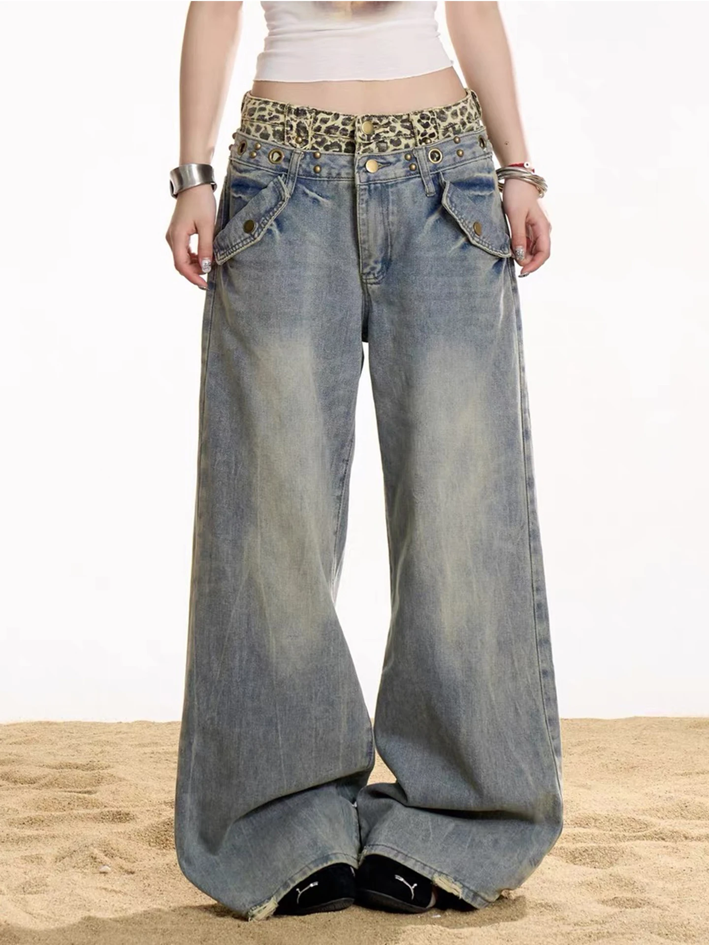 Calças Jeans Americanas Retrô com Estampa de Leopardo e Rebites, Perna Larga, Unissex, Novidade de Outono, Estilo High Street...