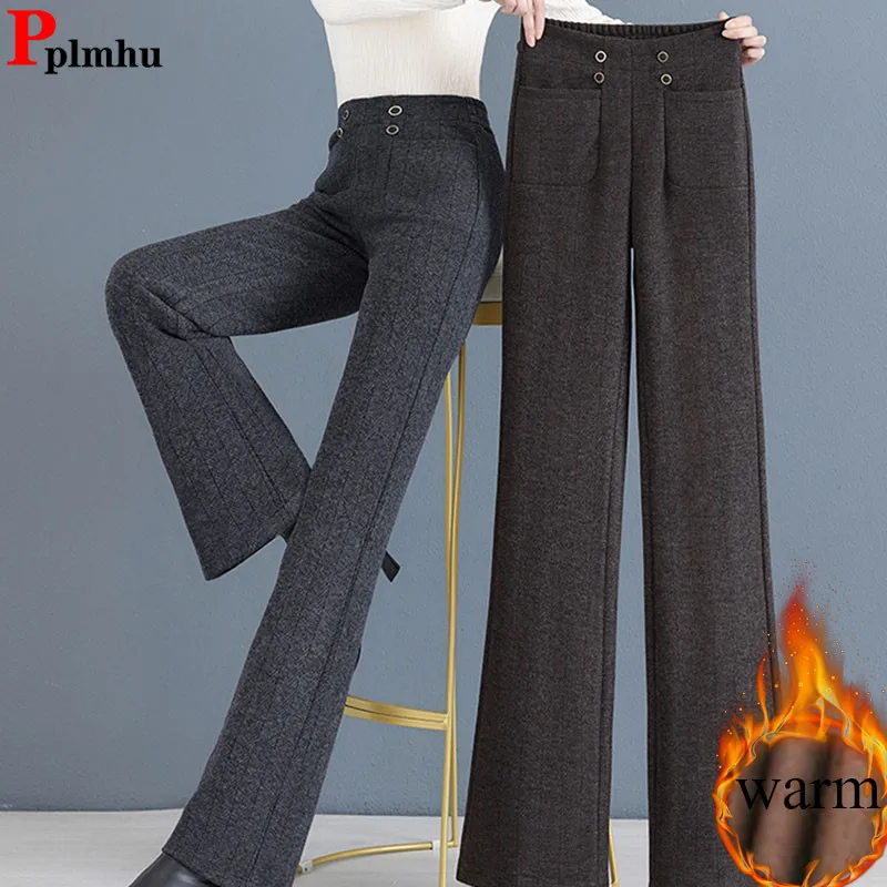 

Women Thicken High Waist Woolen Flare Pants Winter Warm Slim Solid Wool Blend Velvet Linen Wide Leg Pantalones Snow Wear Calca