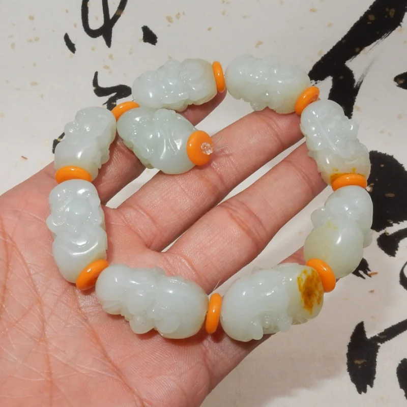 Crafts Hetian Bracelet Eighteen Arhat Men's White Jade Seed Material