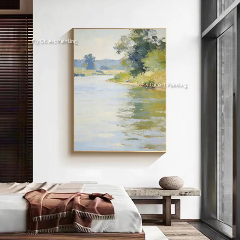 Light Green Yellow Countryside Field View Canvas Wall Art On Canvas Hand Made Beige Road Oil Painting For Living Room Decor