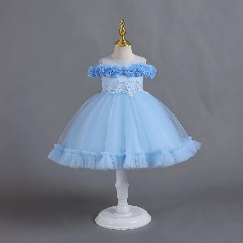 Children's Puffy Yarn Dress Petal Princess Girl Baby One Year Old Dress Floor-Length O-Neck Ball Gown Flower Girl Dresses 2-5