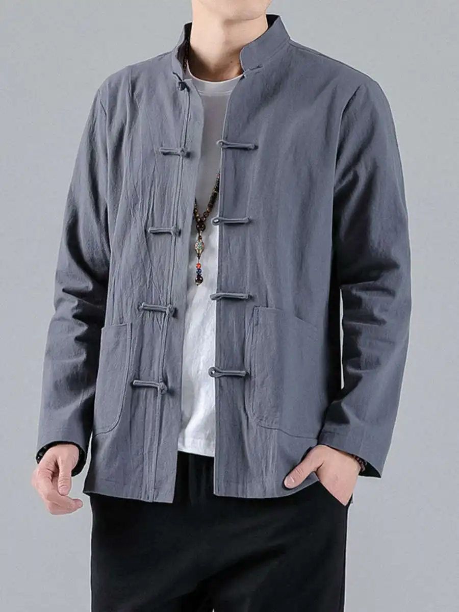

Мужская рубашка свободного кроя из хлопка и льна в традиционном китайском стиле, повседневная, на пуговицах, в стиле тан-костюм