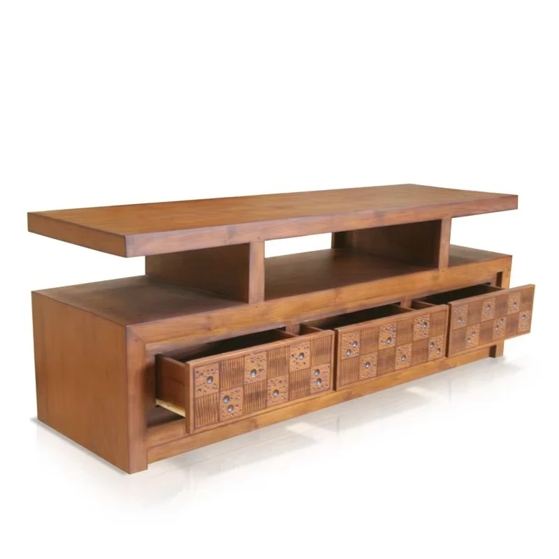 

Modern Design Handmade Tea Wood TV Console with Carved Drawer Natural Finish Home Living Room Furniture