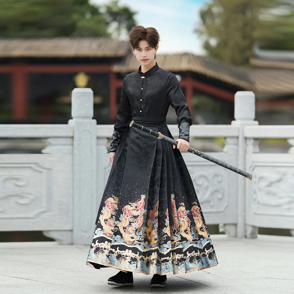 Hanfu Traditional National Chinese Style Costume Men Ancient Cosplay Performance Jacket Skirt Horse Face Skirt Style Suit