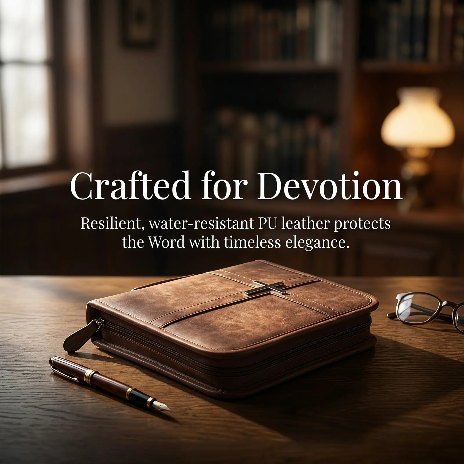 Bible Cover Bag Vintage PU Brown Portable Carrying Handle Pen Slot Phone Pocket Zippered Case for Church Scriptures