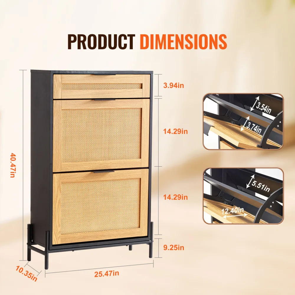 Narrow Rattan Shoe Cabinet with 2 Flip Rattan Drawers and 1 Slide Drawer Metal Legs Slim Entryway Shoe Storage Organizer for Hallway Closet