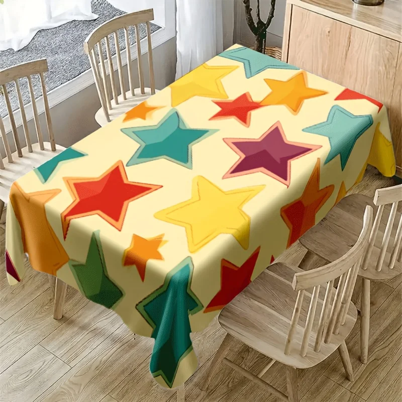 Bright Star Tablecloth, Warm Cream Base With Color Star Graphics, Rectangular Table Cover for Cheerful Family Party Decor