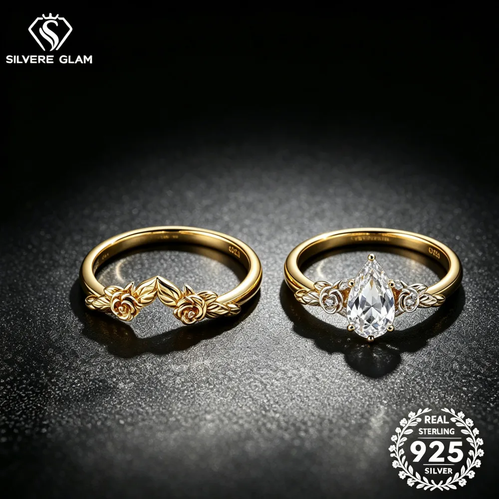 925 Sterling Silver 1.5CT Pear Rose Floral Bridal Set Ring D VVS1 Moissanite Multi Tone Wedding Fine Jewelry For Women