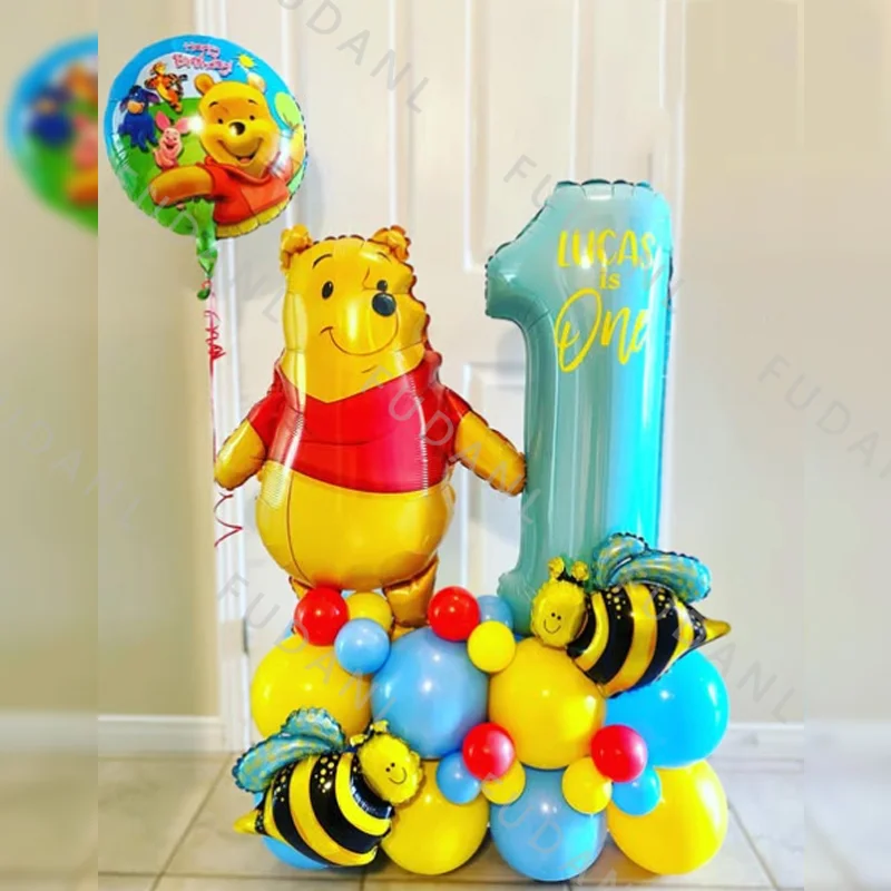 42 pièces Disney Winnie l'ourson thème bleu feuille numéro ballons mignon abeille enfants joyeux anniversaire fête Decos fournitures bébé douche cadeaux