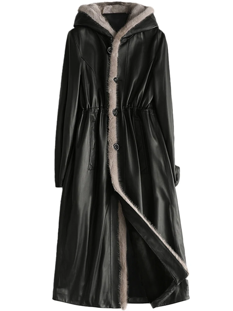 

Winter Long Warm Thick Black Leather Coat Women with Fur Inside Elegant Luxury Faux Fur Lined Jacket Parka Fashion
