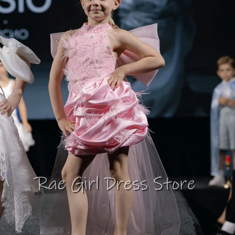 Fashion Pink Flower Girl Dress For Wedding Pageant Birthday High Low Halter Feather Big Bow Kids Formal Gowns Customized