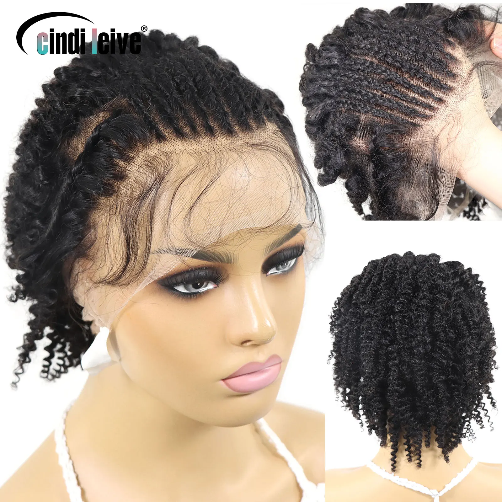 Braided Full Lace Human Hair Wigs Kinky Curly Short Bob Wig For Women Brazilian Remy Glueless Wig Baby Hair Around Pre Plucked