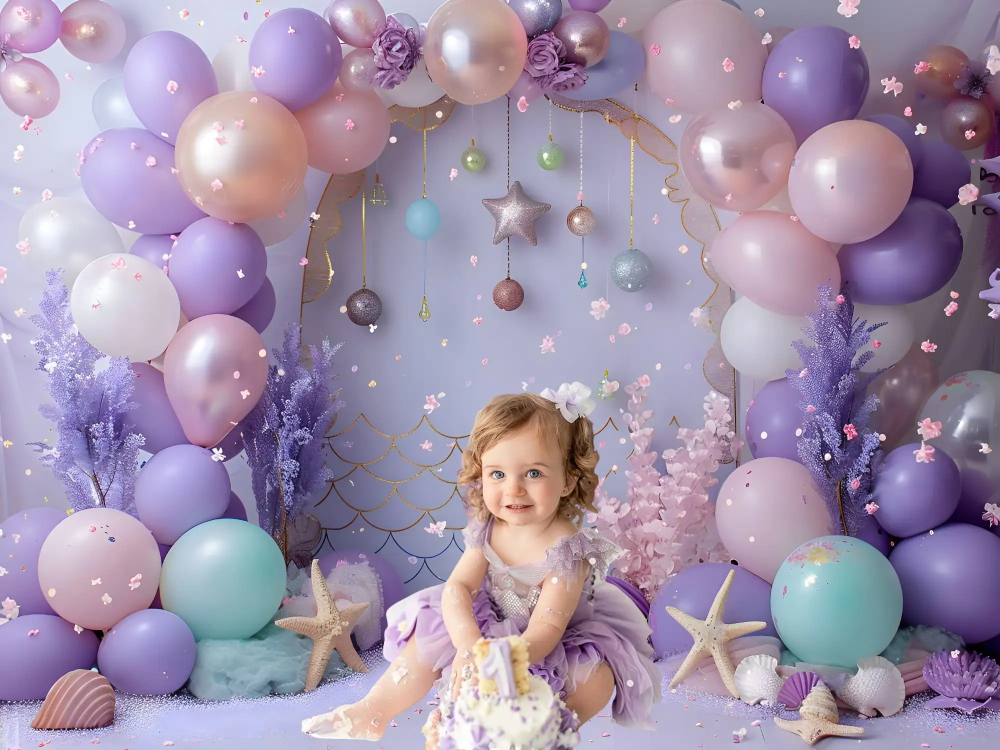 Mehofond Photography Background Mermaid Purple Balloons Princess Girls Birthday Cake Smash Portrait Decor Backdrop Photo Studio