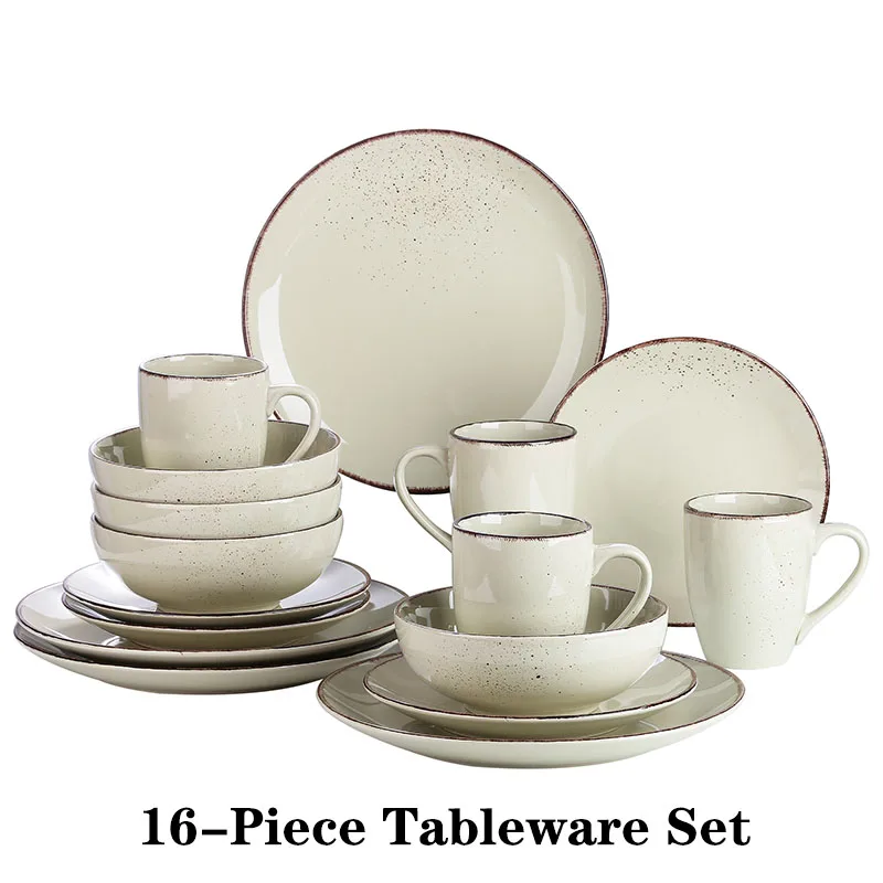 Vancasso 16/32 Stuks Keramisch Beige Steengoed Serviesje Met Dinerbord/Dessertbord/800 Ml Kom/mok Servies Set