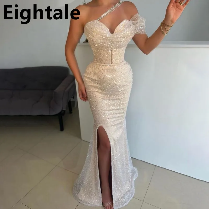 Acht glitter beige farbe meerjungfrau sexy schlitz abendkleider funkeln pailletten ballkleider dubai formelles party kleid