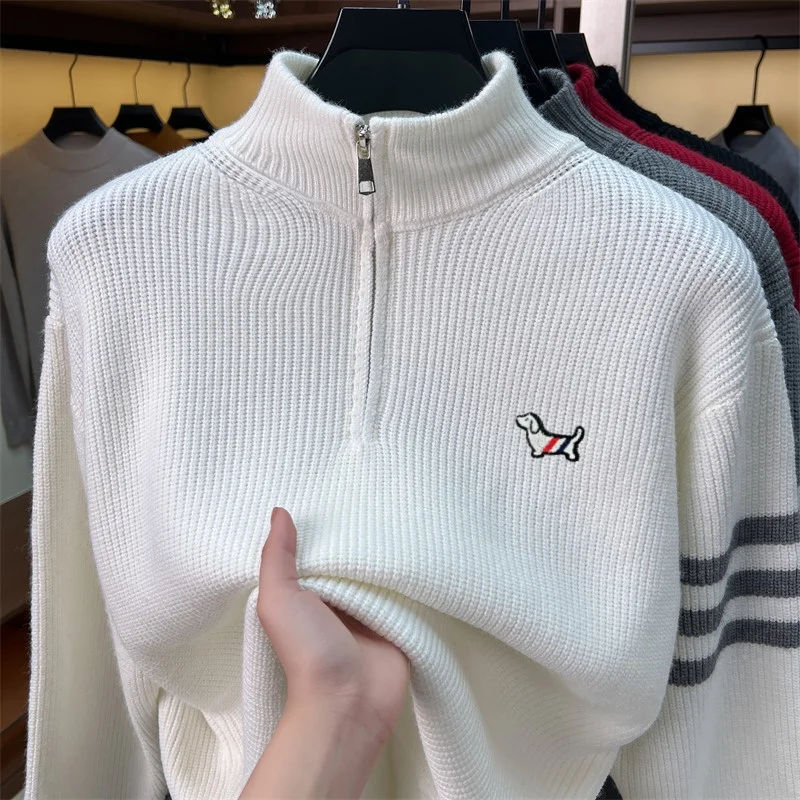 Trendy High-End Sweater Winter New Classic Striped Men's Zipper Semi High Neck Luxury Brand Dog Embossed Casual Knitted Pullover