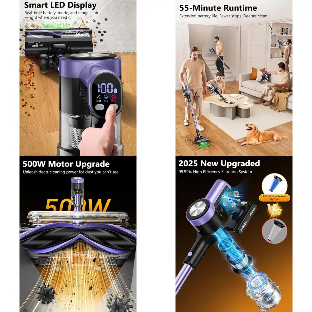 

Беспроводной вертикальный пылесос мощностью 500 Вт, 46 кПа, с 55-минутным временем работы, LED-дисплеем, щеткой против наматывания волос, идеально подходит для твердых полов и плиссированных покрытий.