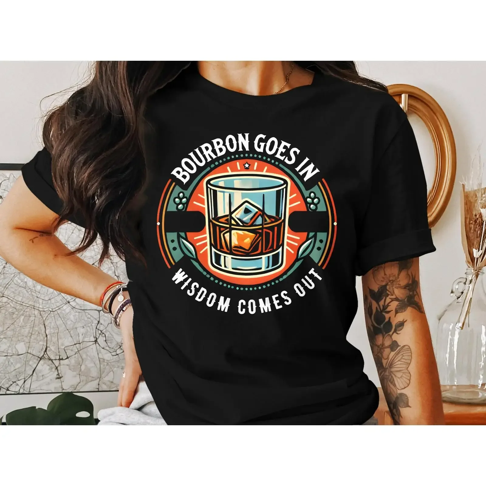 Retro Whiskey Glass T Shirt Cool Bar ArT vintage Washed streetwear Comfortable graphic Unisex Soft Slightly Breathable
