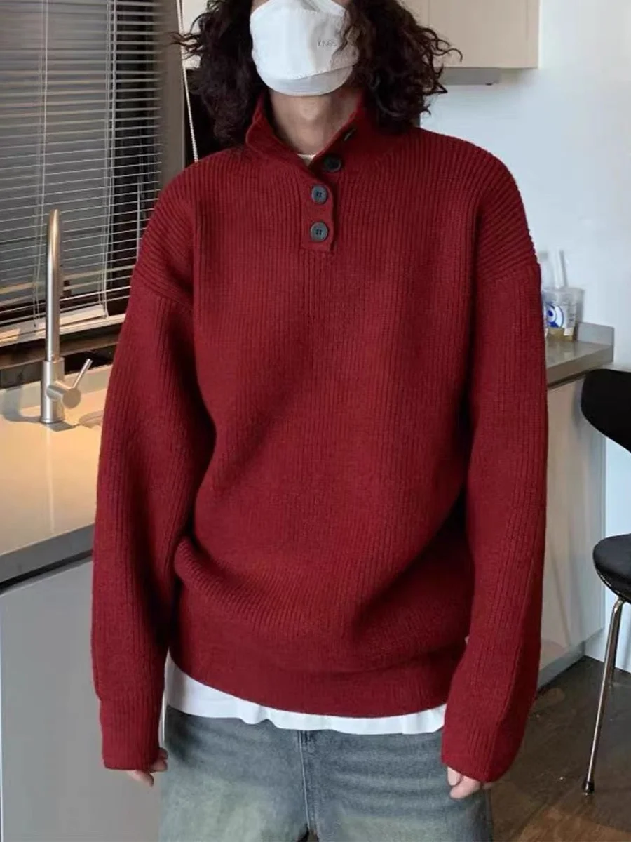 

New Year Red Collared Button Design Thi Warm Sweater ex Color Basic Couple Knitted Wear for Youth Casual Winter